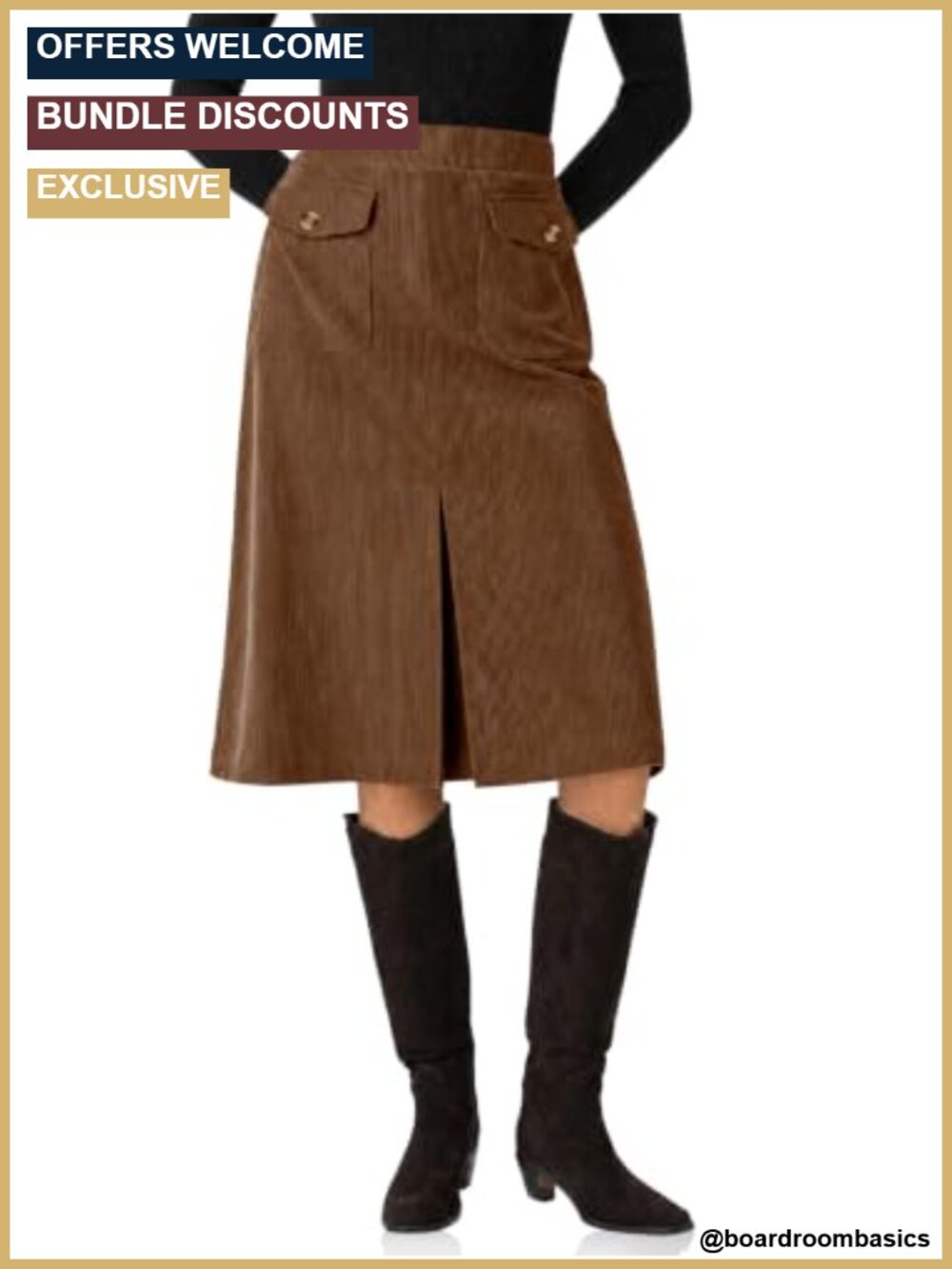 Cord Textured 100% Polyester High Rise A-Line Midi Skirt Front Slit Pockets